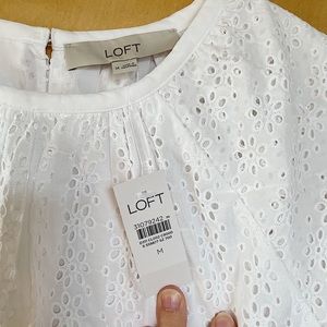 LOFT White Eyelet Crewneck Flutter Sleeve Top